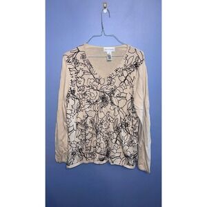 Rena Rowan Beige V-Neck Women's Sweater W Velvet Floral Pattern SZ 1X Classic